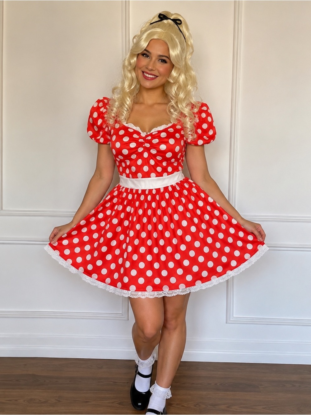 Wonderland Alice Costume Red White Polka Dot Dress + Blonde Wig Size L